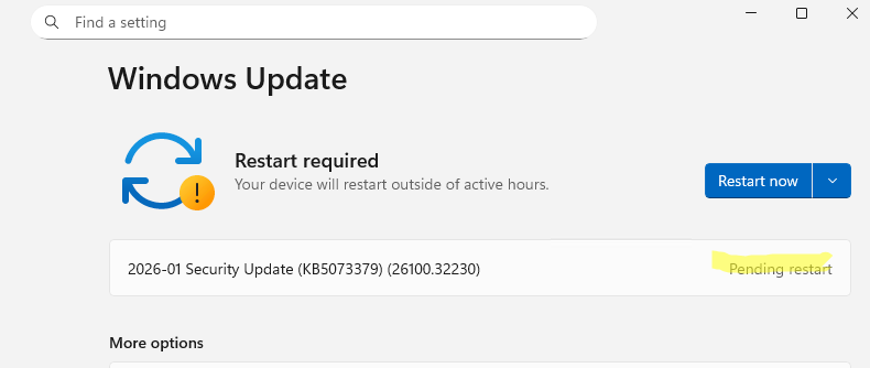 статус Pending Restart в панели управления Windows Update