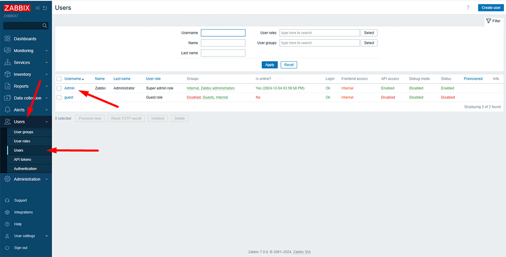 Пользователи Zabbix 7