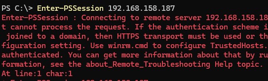 The WinRM client cannot process the request. If the authentication scheme is different from Kerberos, or if the client computer is not joined to a domain, then HTTPS transport must be used or the destination machine must be added to the TrustedHosts configuration setting
