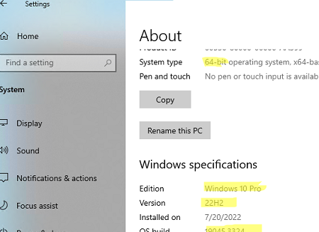 Информация о версии Windows в панели Settings -> About