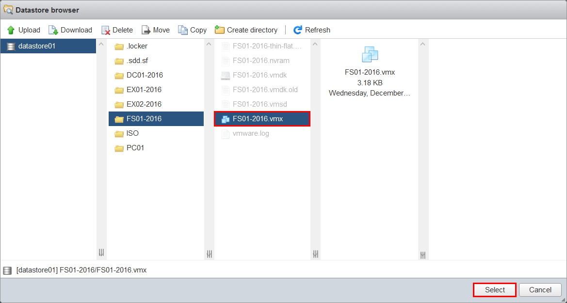 Выбор VMX-файла виртуальной машины VMware ESXi