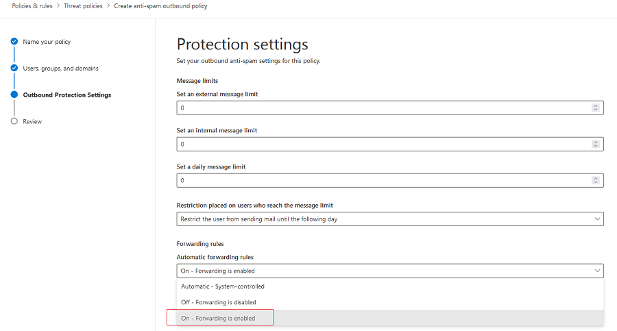 Включить в EAC: On Forwarding is enabled