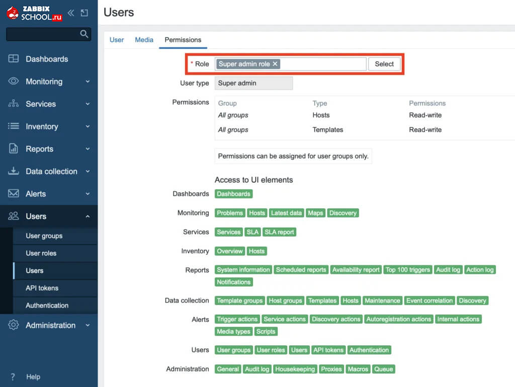 Настройка роли пользователя Zabbix с двухфакторной аутентификацией