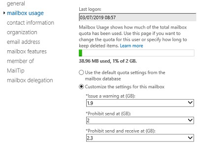 увеличить лимиты на размер ящика в exchange server 2019/2016 с помощью powershell