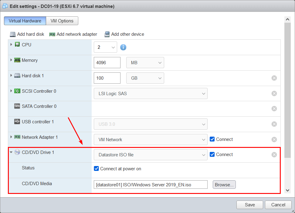 Подключение ISO-образа Windows Server к виртуальной машине VMware ESXi