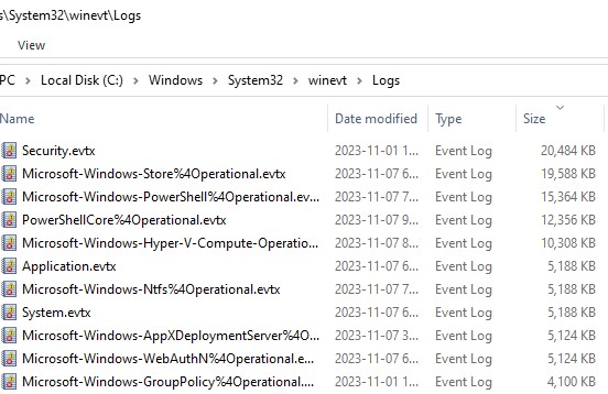 Каталог System32\Winevt\Logs с EVTX логами WIndows 