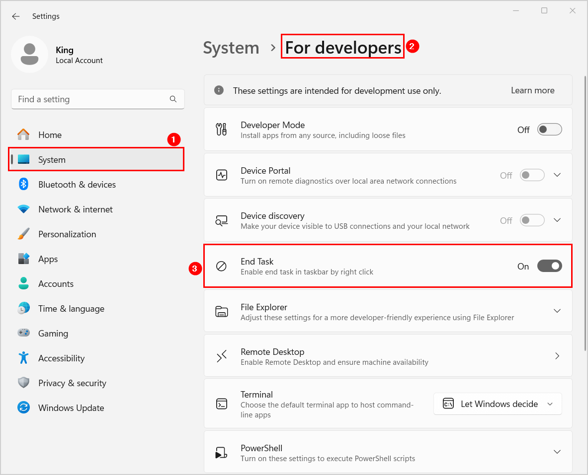Включение функции Завершить задачу в параметрах Windows 11