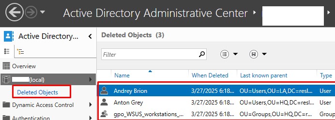 Контейнер удаленных объектов в Active Directory