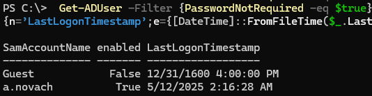 Найти пользователей с включенным атрибутом PasswordNotRequired