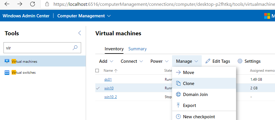 Windows Admin Center клонировать виртулаьную машину