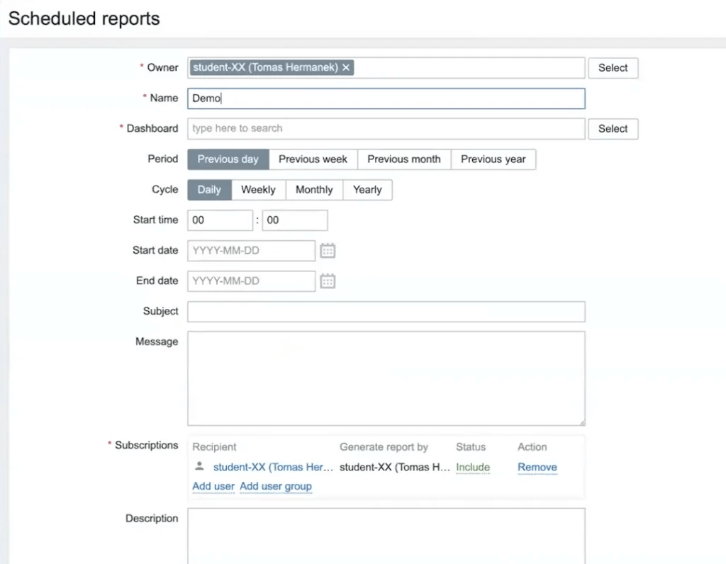 Настройка владельца и названия планового отчёта Zabbix