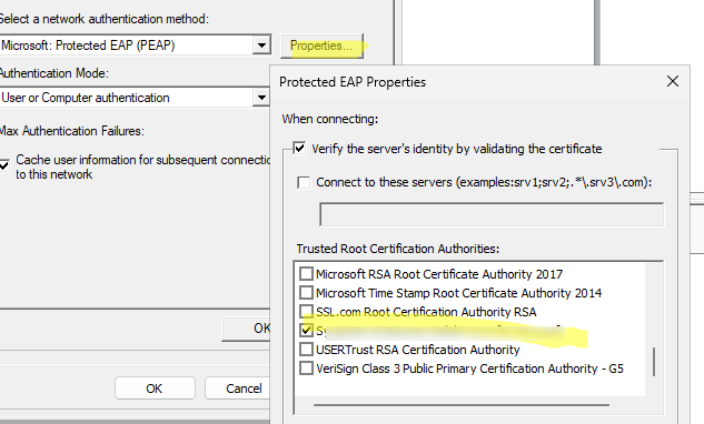 Проверка сертификата сервера в свойствах Protected EAP