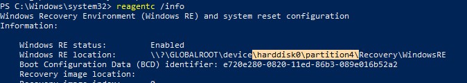 reagent info - вывести информацию о разделе со средой восстановления windows