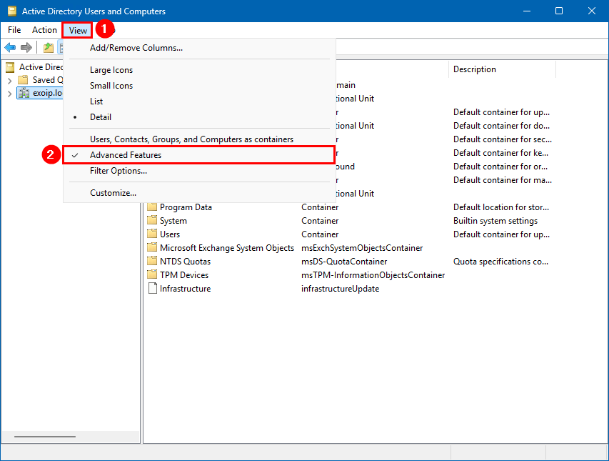 Включение Advanced Features в Active Directory Users and Computers
