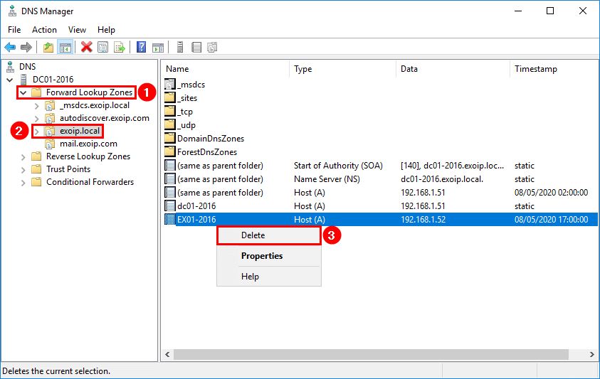 Удаление DNS-записи Exchange Server