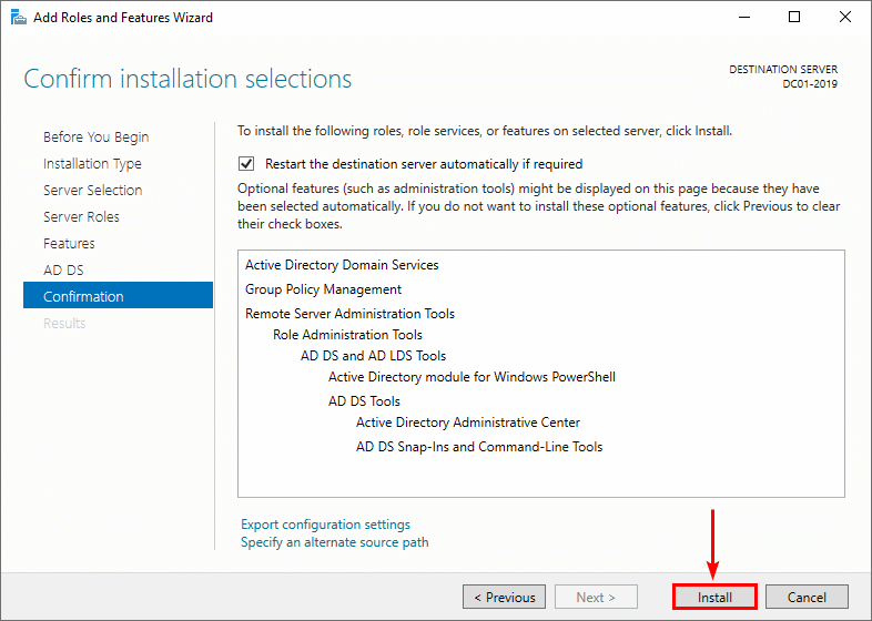 Подтверждение установки Active Directory Domain Services