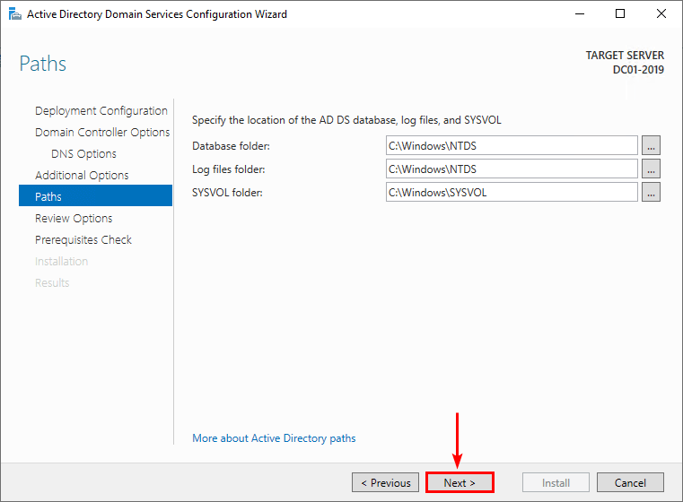 Пути базы данных журналов и SYSVOL Active Directory