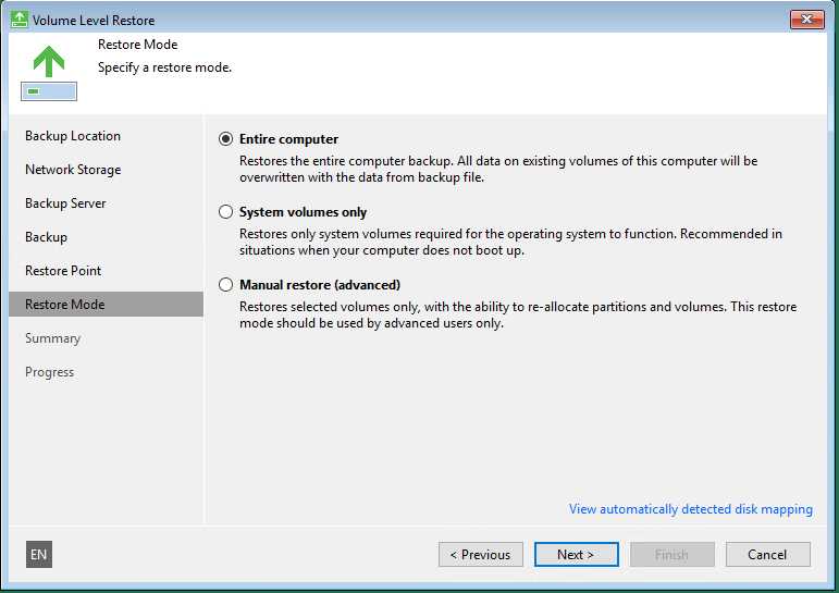 Выбор режима Bare Metal Recovery в Veeam
