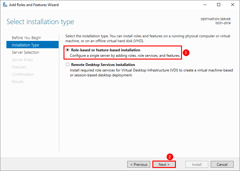 Выбор Role-based or feature-based installation