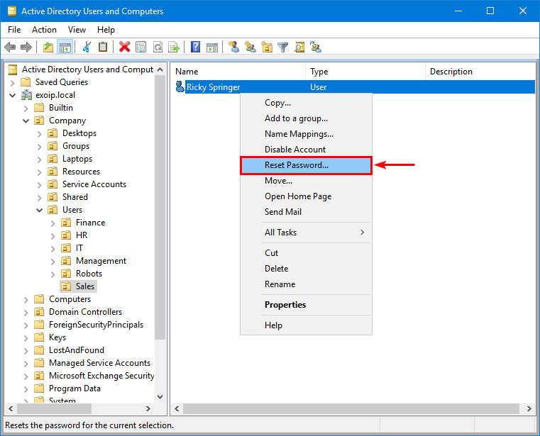 Reset Password пользователя Active Directory