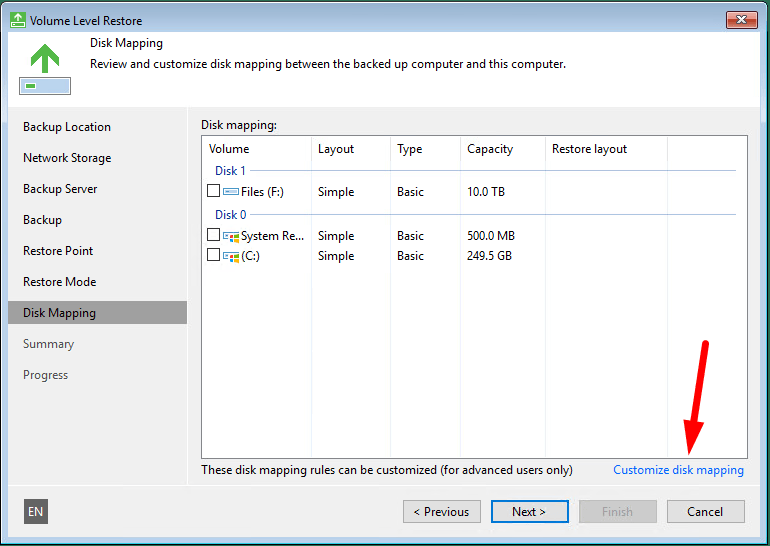 Customize disk mapping в Veeam Bare Metal Recovery