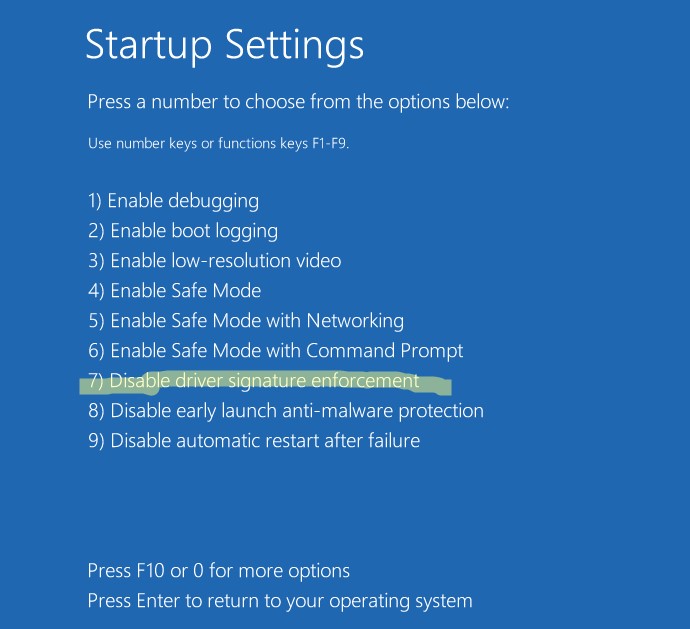 Загрузка Windows без проверки подписи драйверов - Disable driver signature enforcement