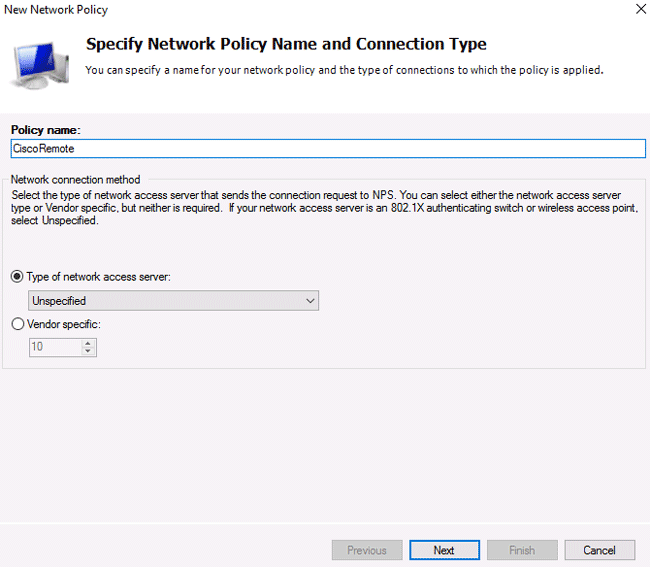 Имя Cisco RADIUS и тип сервера доступа в мастере Network Policy