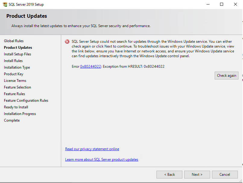 ошибка установки sql server: Error 0x80244022: Exception from HRESULT: 0x80244022