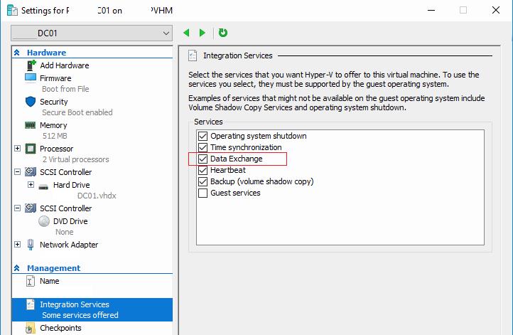 Hyper-V служба iIntegration Services компонент Data Exchange