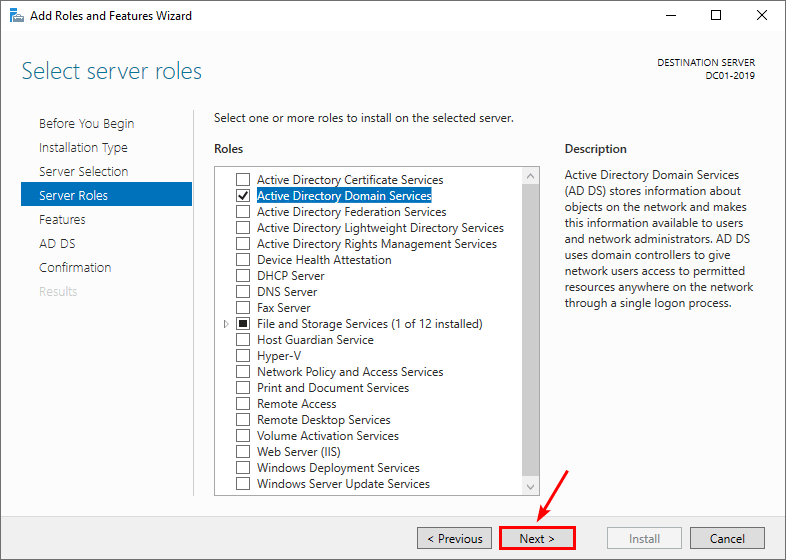 Установка компонентов AD DS в Windows Server
