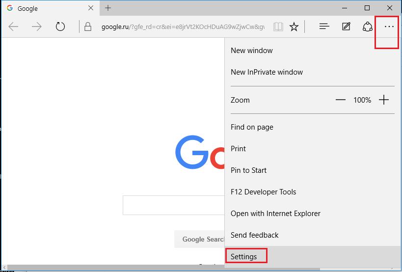 Настрйоки браузера edge