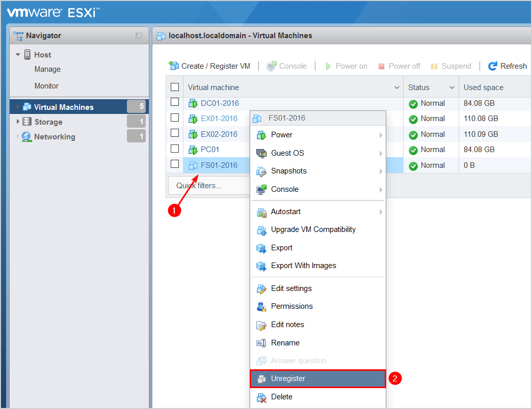Отмена регистрации виртуальной машины VMware ESXi