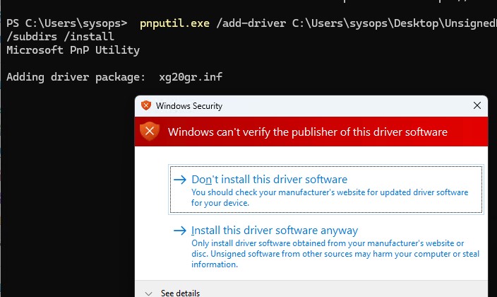 Игнорировать предупреждение при установке неподписанного драйвера в Windows