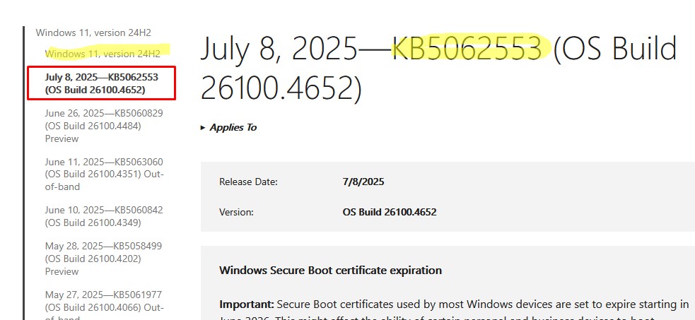 информация об обновлениях windows на сайте microsoft