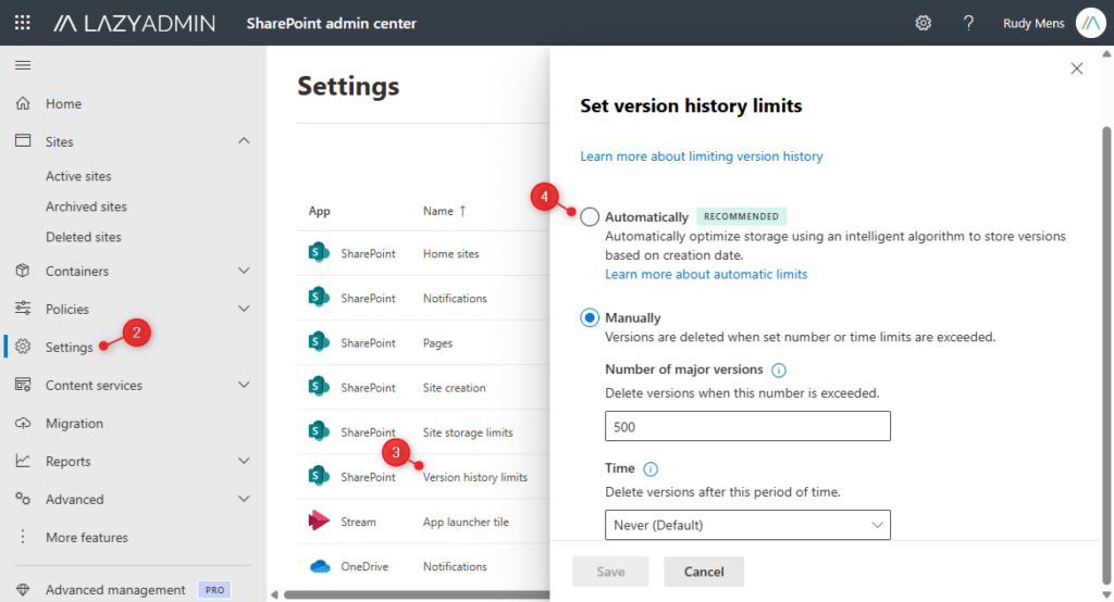 Управление лимитами версий в SharePoint admin center.