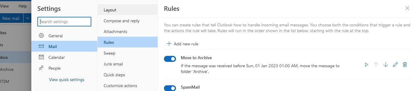 правила в ящике outlook веб