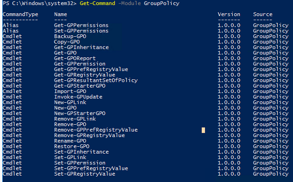 полный список командлетов PowerShell в модуле GroupPolicy