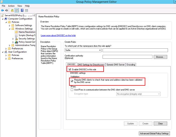 Включить обязательную проверку dnssec на клиентах Windows