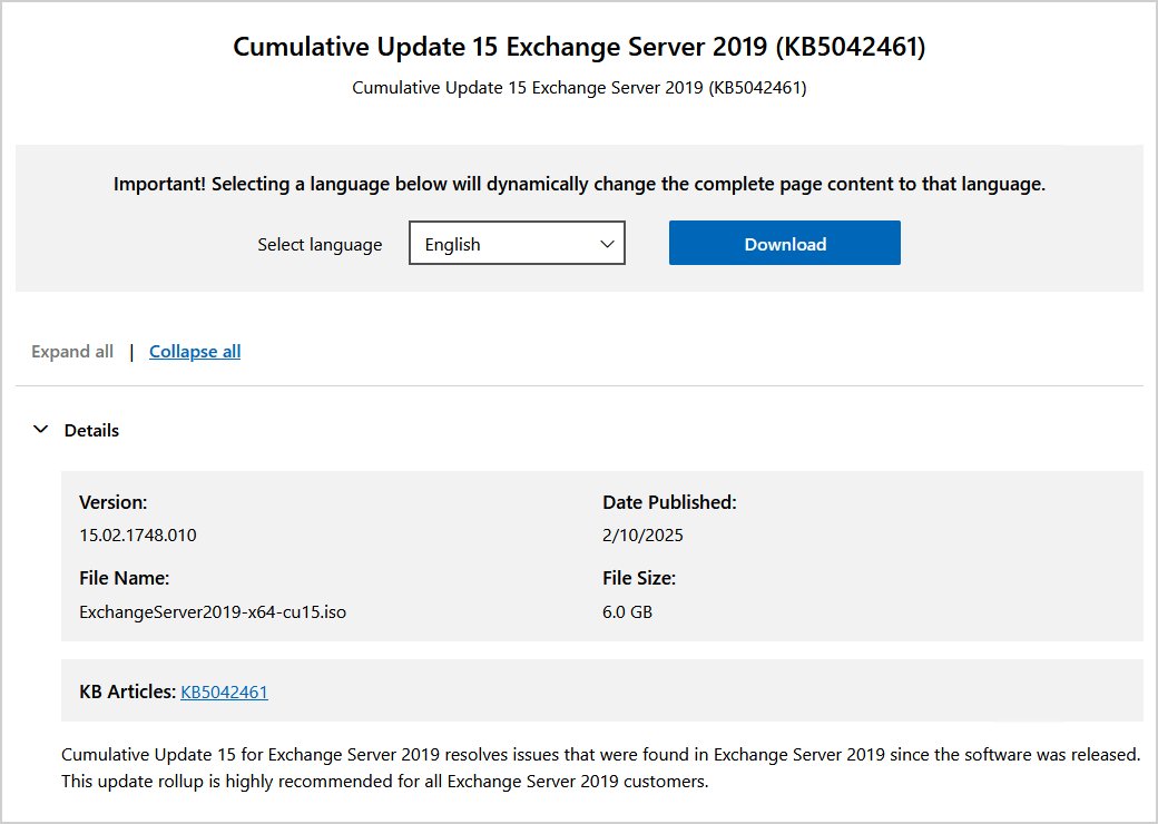 Версия Exchange Server 2019 после установки CU15