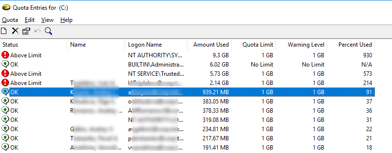 список действующих NTFS квот на диск для всех пользователей windows