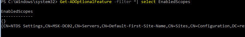 Get-ADOptionalFeature -filter *| select EnabledScopes