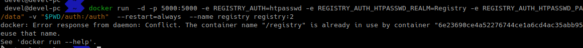 docker: Error response from daemon: Conflict. The container name "/registry" is already in use by container