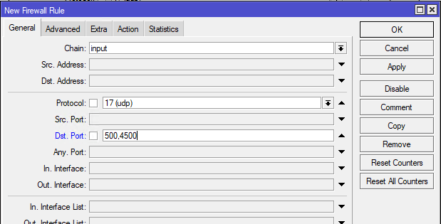 Разрешение UDP 500 и 4500 для IPsec MikroTik