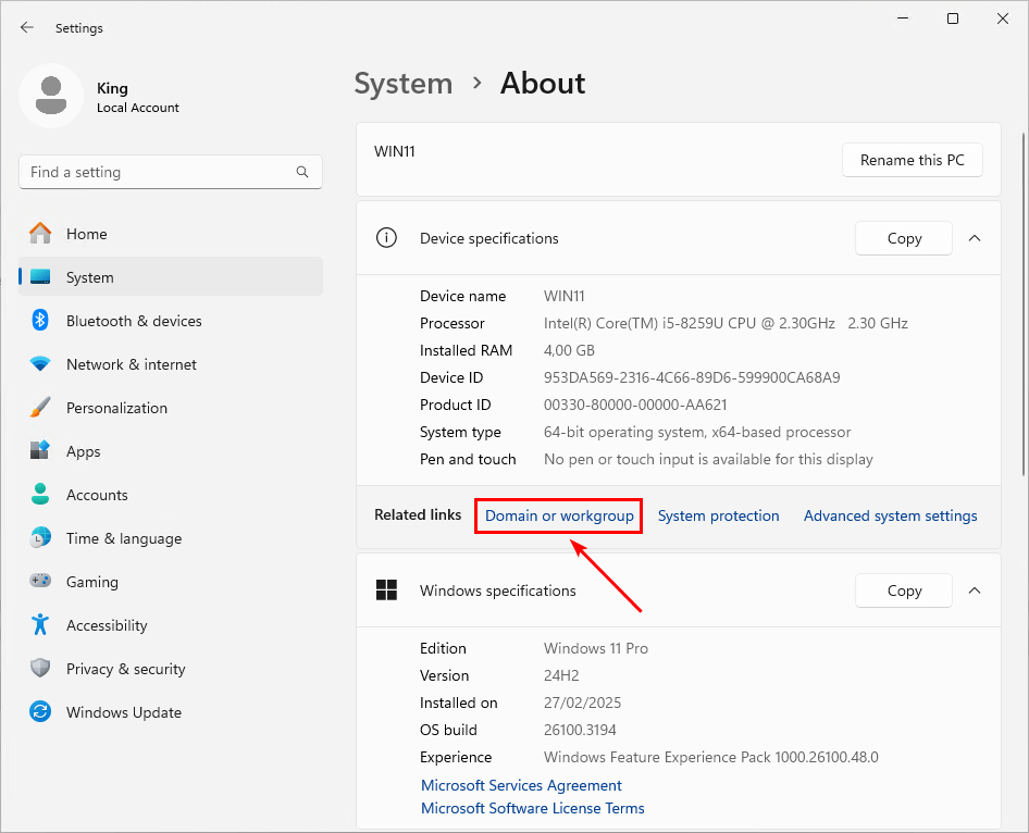 Переход к настройкам домена и рабочей группы Windows 11