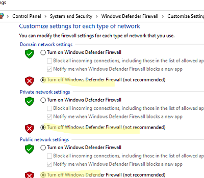 отключить Windows Defender Firewall для всех сетевых профилей
