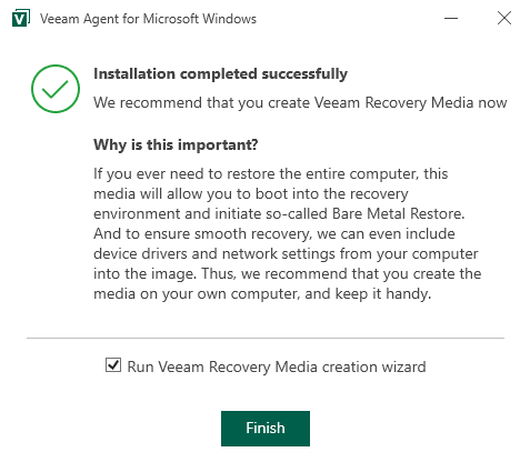 Запуск создания Veeam Recovery Media после установки Veeam Agent