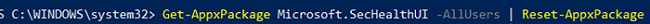 powershell Reset-AppxPackage: сброс настроек приложения Microsoft.SecHealthUI 