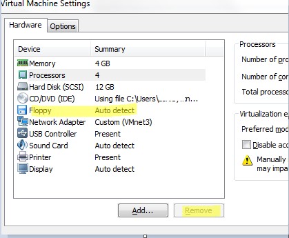 vmware удалить виртуальный дисковод floppy