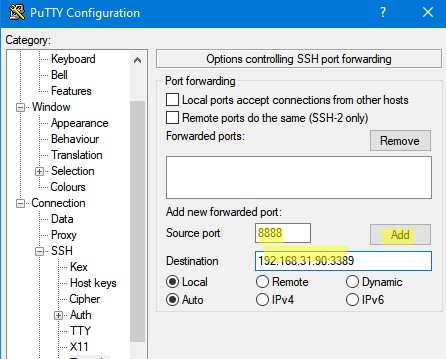 добавить ssh тунель в putty