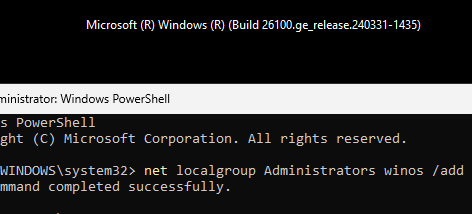 Добавить пользователя в локальны администраторы net localgroup Administrators winos /add 